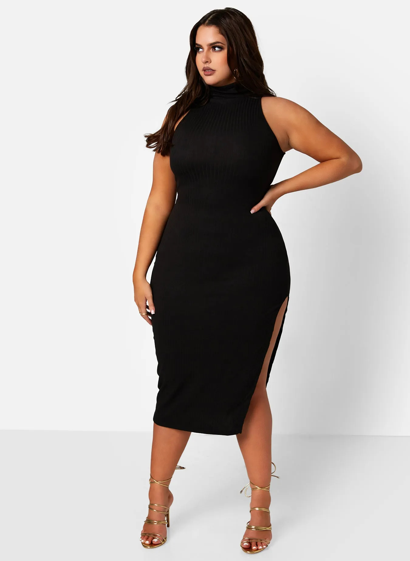 High Status Ribbed Turtleneck Side Slit Bodycon Midi Dress sold by Rebdolls product image thumbnail 3
