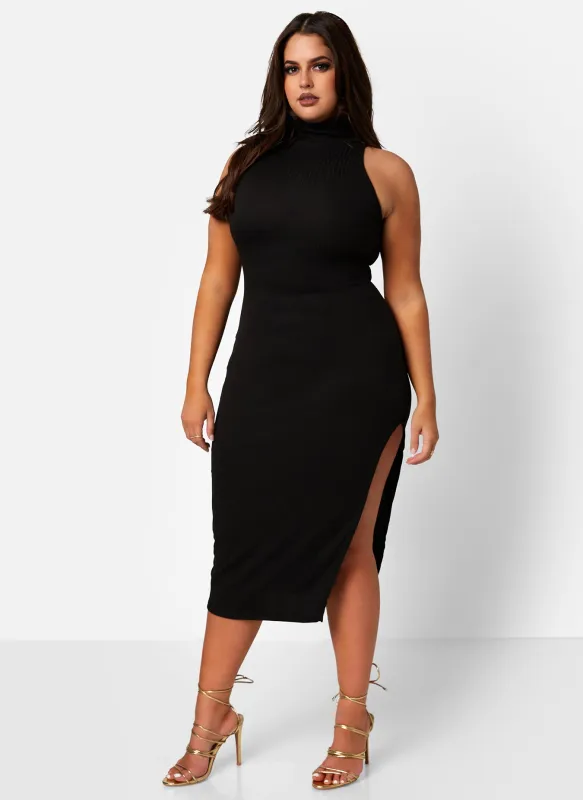 High Status Ribbed Turtleneck Side Slit Bodycon Midi Dress sold by Rebdolls