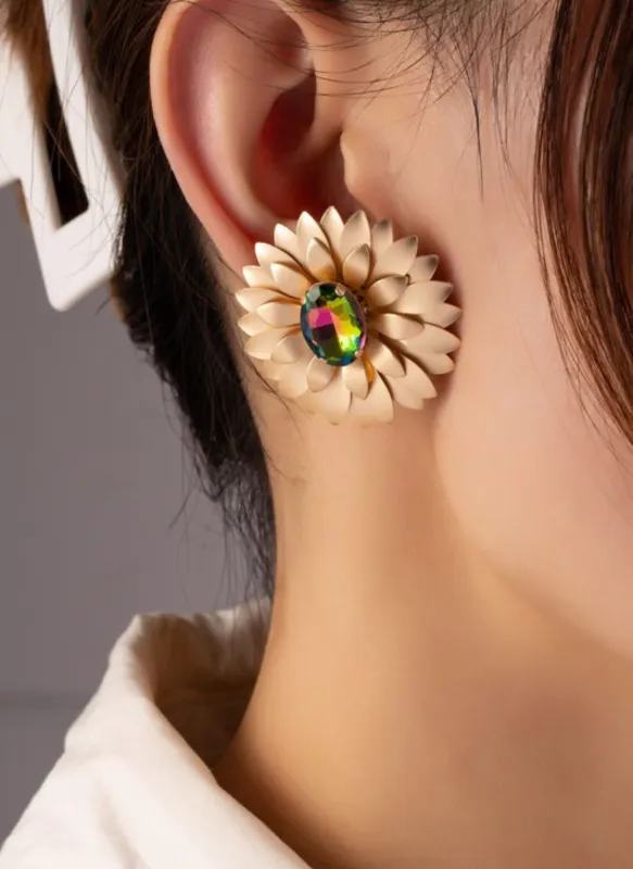 Metal Flower Earrings w. Center Gem sold by Rebdolls