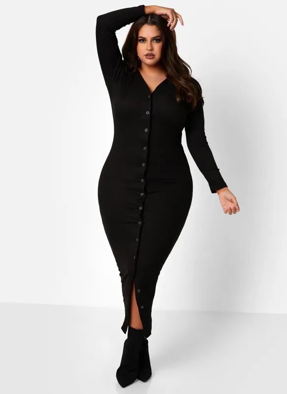 She Gets What She Wants Ribbed Button Down Bodycon Maxi Dress sold by Rebdolls