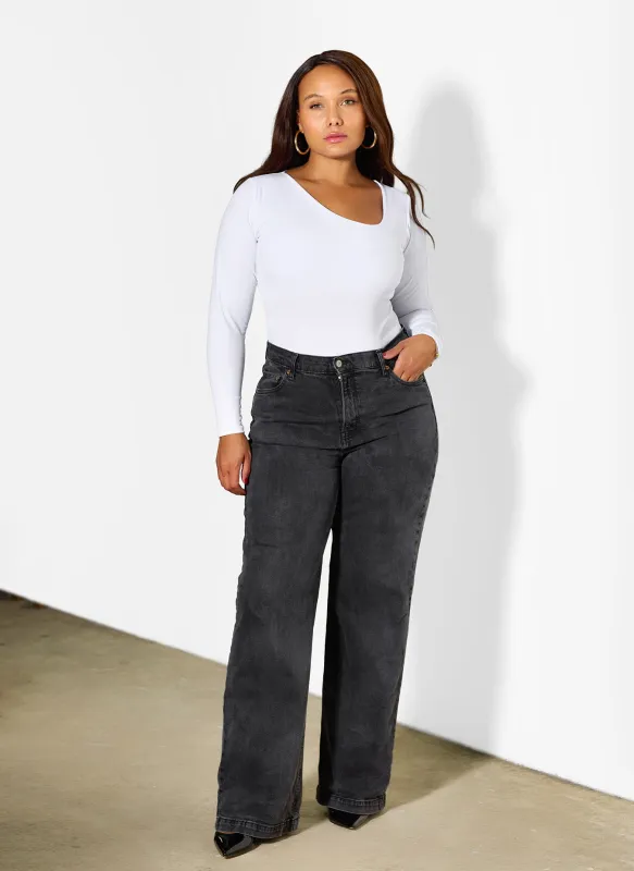 Ashley Asymmetrical Neckline Long Sleeve Bodysuit sold by Rebdolls