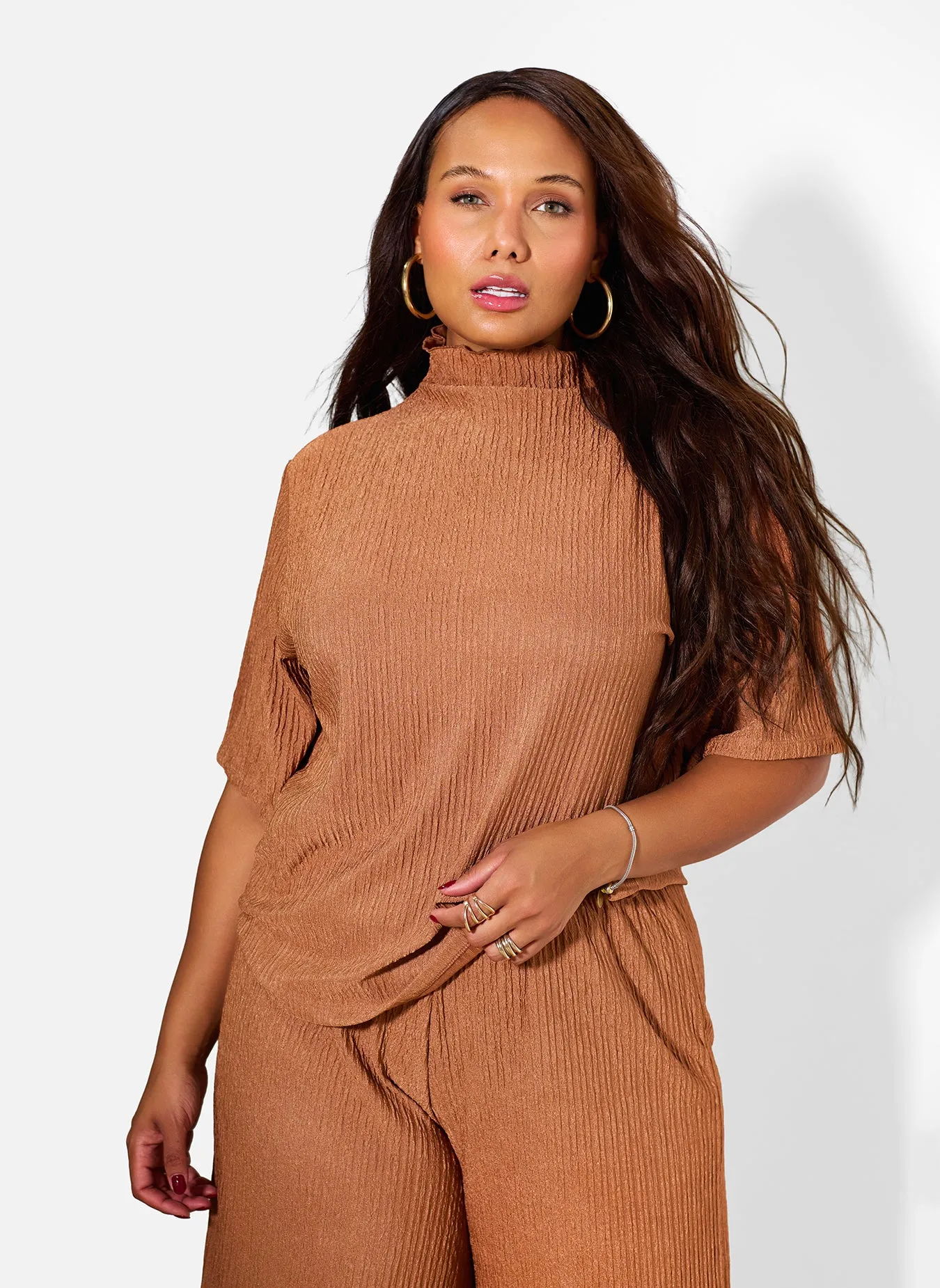 Monique Textured Oversized Short Sleeve Top - Brown sold by Rebdolls