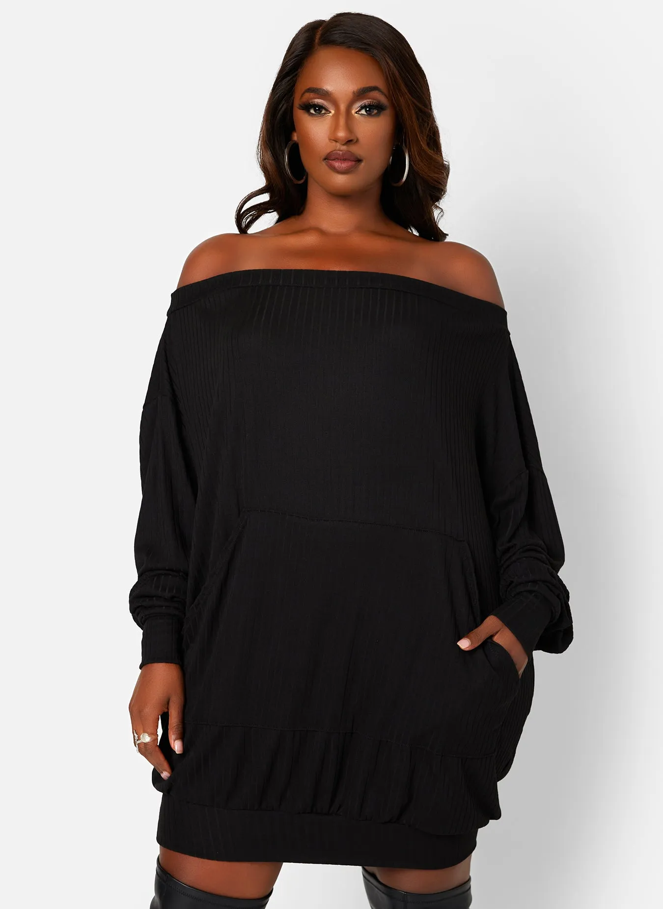 Rainy Day Ribbed Off Shoulder Oversized Shirt Dress W. Front Pocket sold by Rebdolls