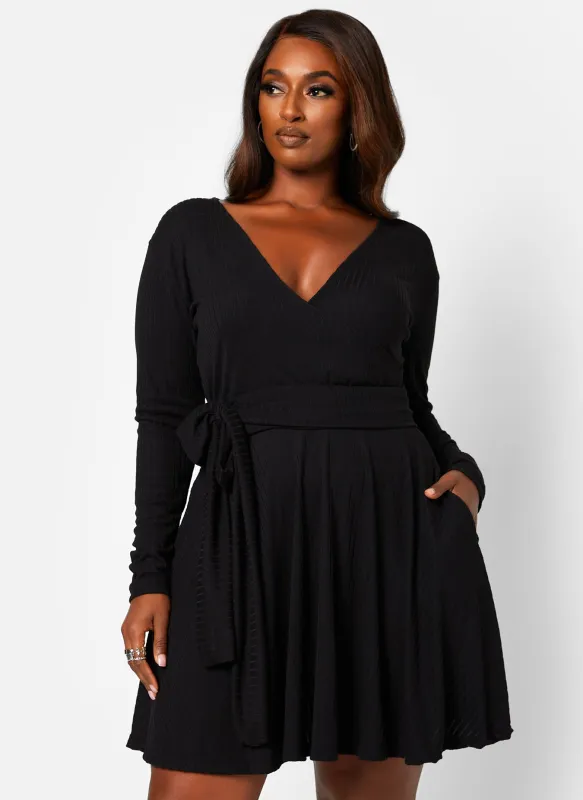 You Need This Ribbed Tie Waist Mini Skater Dress W. Pockets - Black sold by Rebdolls