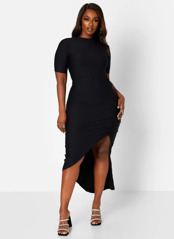 Reflection Short Sleeve Ruched Side Slit Midi Bodycon Dress sold by Rebdolls