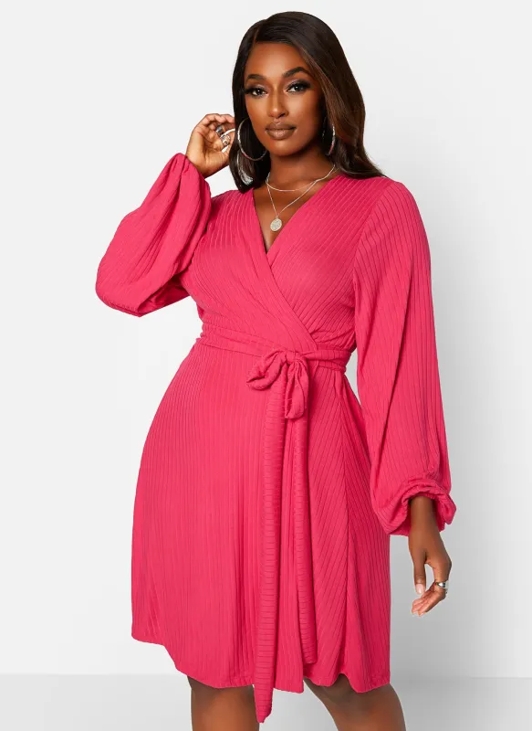 Easy Choice Ribbed Puff Sleeve Mini Wrap Dress - Fuchsia sold by Rebdolls