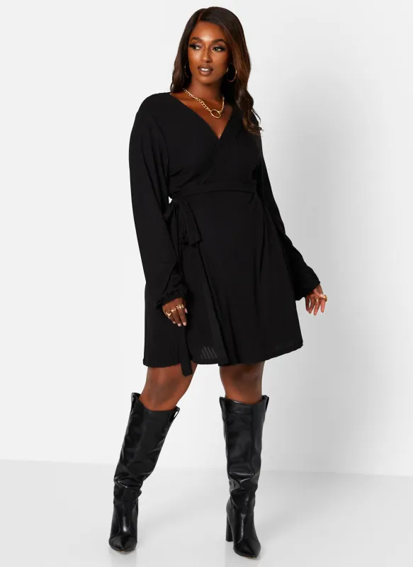 Easy Choice Ribbed Puff Sleeve Mini Wrap Dress - Black sold by Rebdolls
