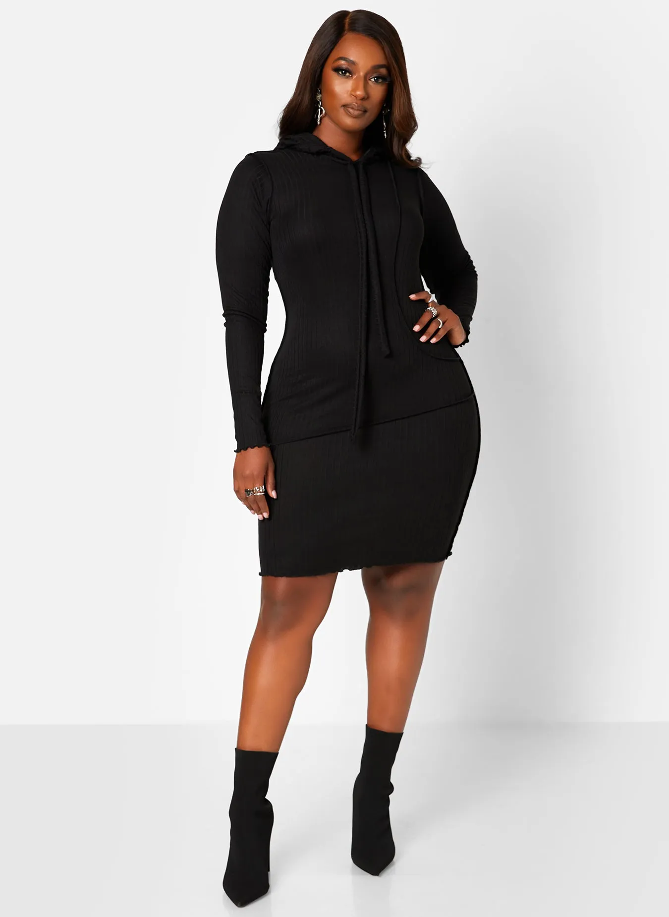 Top Tier Ribbed Exposed Seam Hooded Mini Bodycon Dress sold by Rebdolls product image thumbnail 2