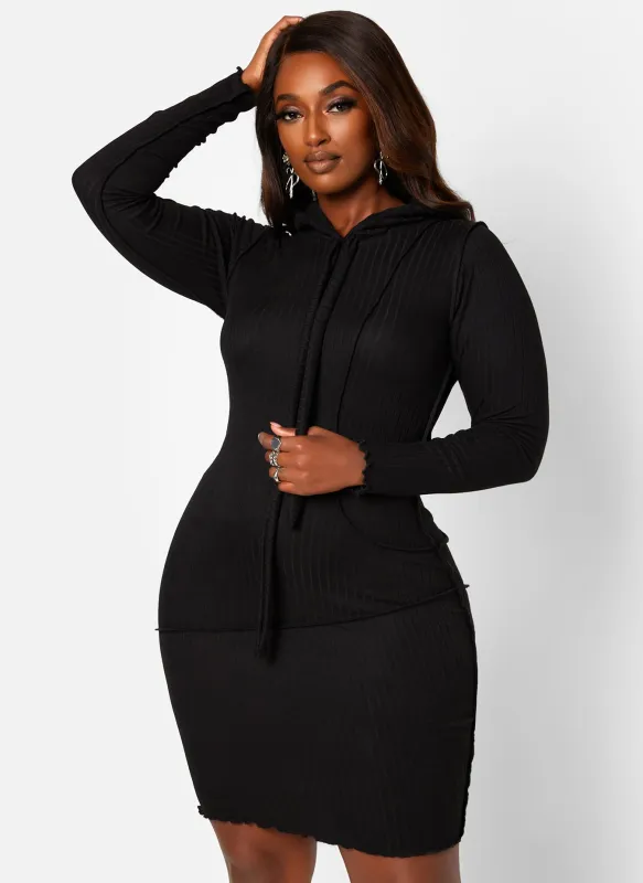 Top Tier Ribbed Exposed Seam Hooded Mini Bodycon Dress sold by Rebdolls