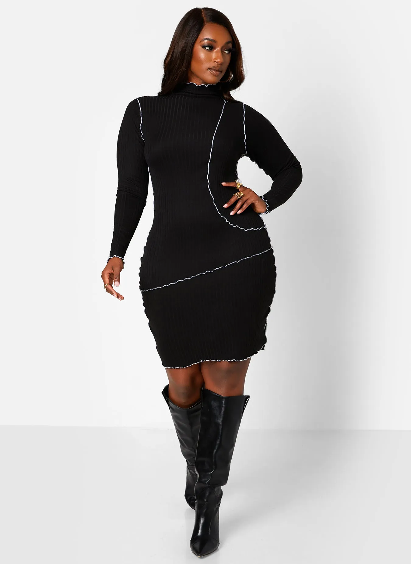 Outside The Lines Ribbed Contrast Exposed Seam Mini Bodycon Dress sold by Rebdolls product image thumbnail 2