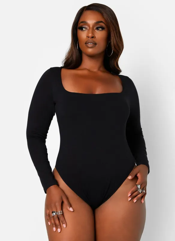 Essential Square Neck Long Sleeve Bodysuit - Black sold by Rebdolls