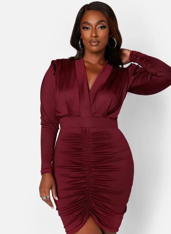 Got It Like That Plunge V Neck Ruched Mini Bodycon Dress sold by Rebdolls