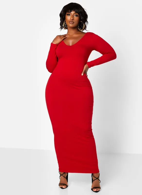 Essential Off The Shoulder Long Sleeve Maxi Bodycon Dress - Red sold by Rebdolls