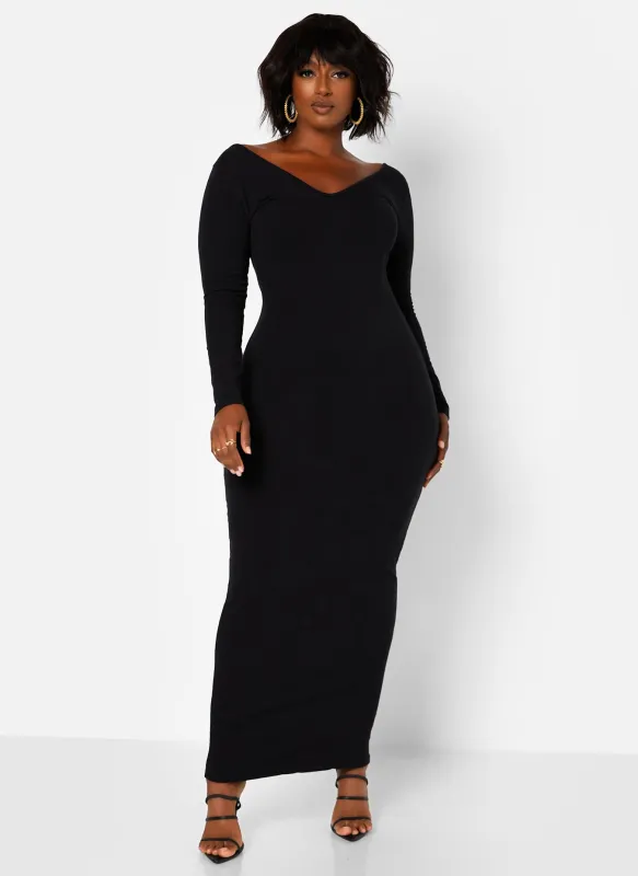 Essential Off The Shoulder Long Sleeve Maxi Bodycon Dress - Black sold by Rebdolls