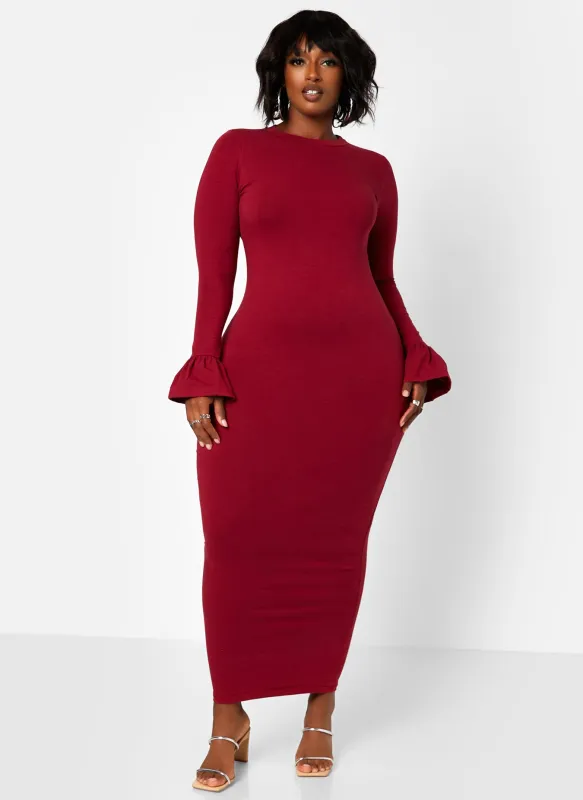 Essential Bell Sleeve Maxi Bodycon Dress - Burgundy sold by Rebdolls