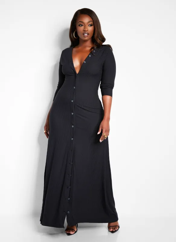 Devoted Ribbed Button Front Maxi A Line Dress - Black sold by Rebdolls