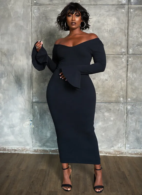 Essential Off The Shoulder Bell Sleeve Maxi Bodycon Dress - Black sold by Rebdolls