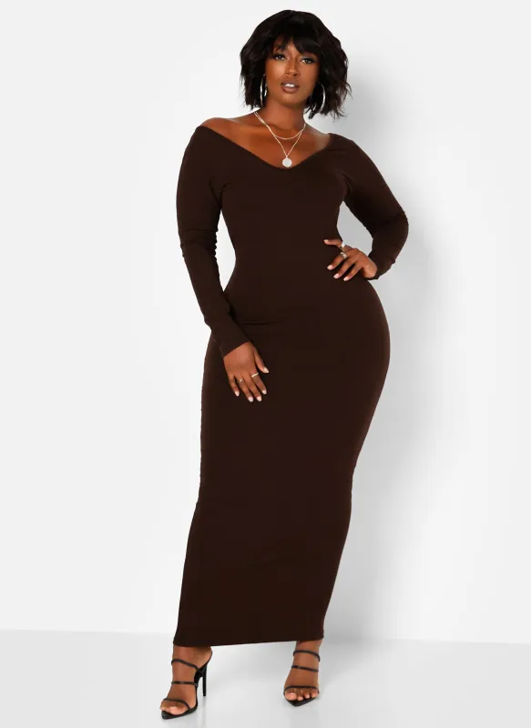 Essential Off The Shoulder Long Sleeve Maxi Bodycon Dress - Brown sold by Rebdolls