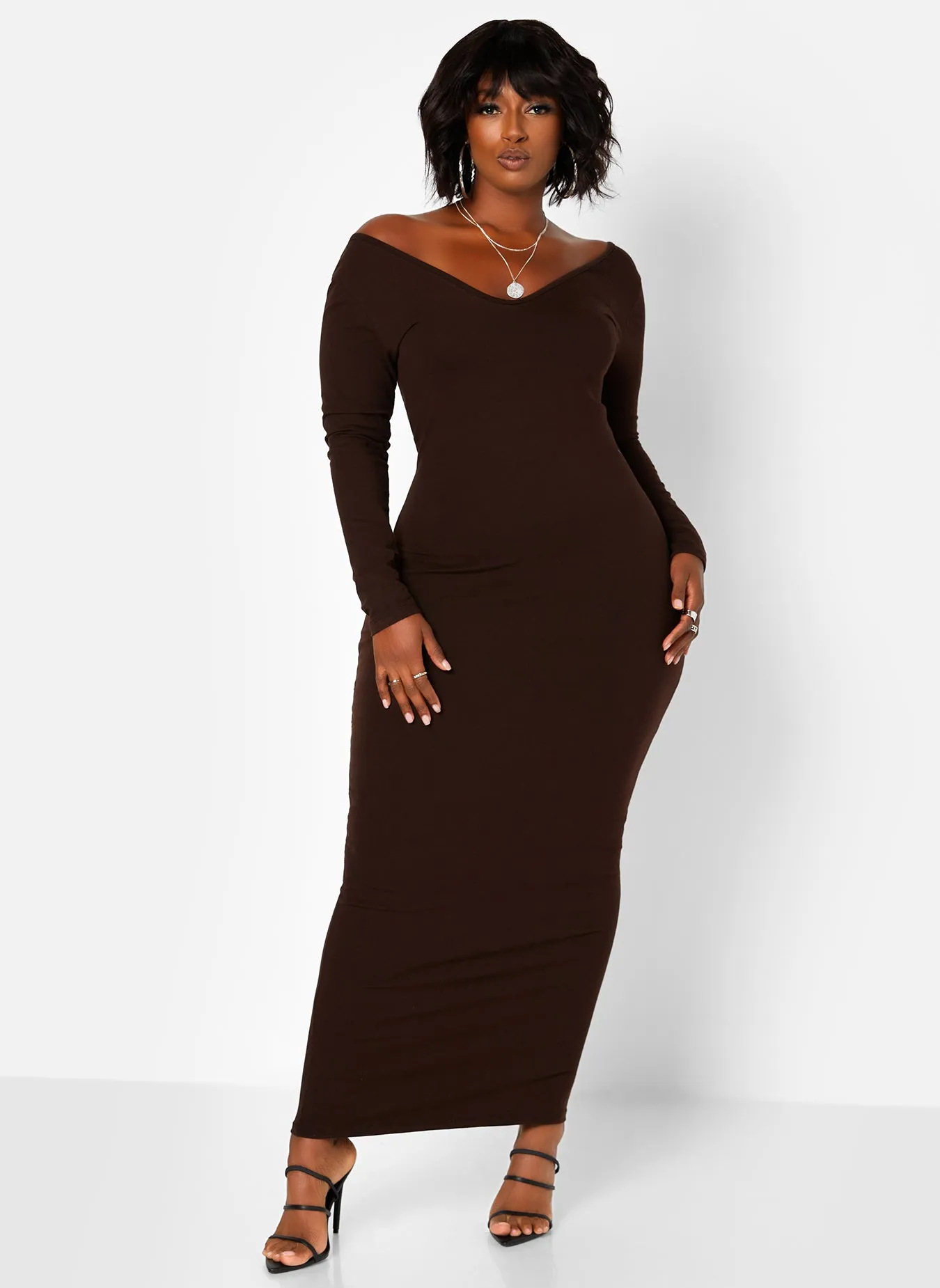 Essential Off The Shoulder Long Sleeve Maxi Bodycon Dress - Brown sold by Rebdolls product image thumbnail 2