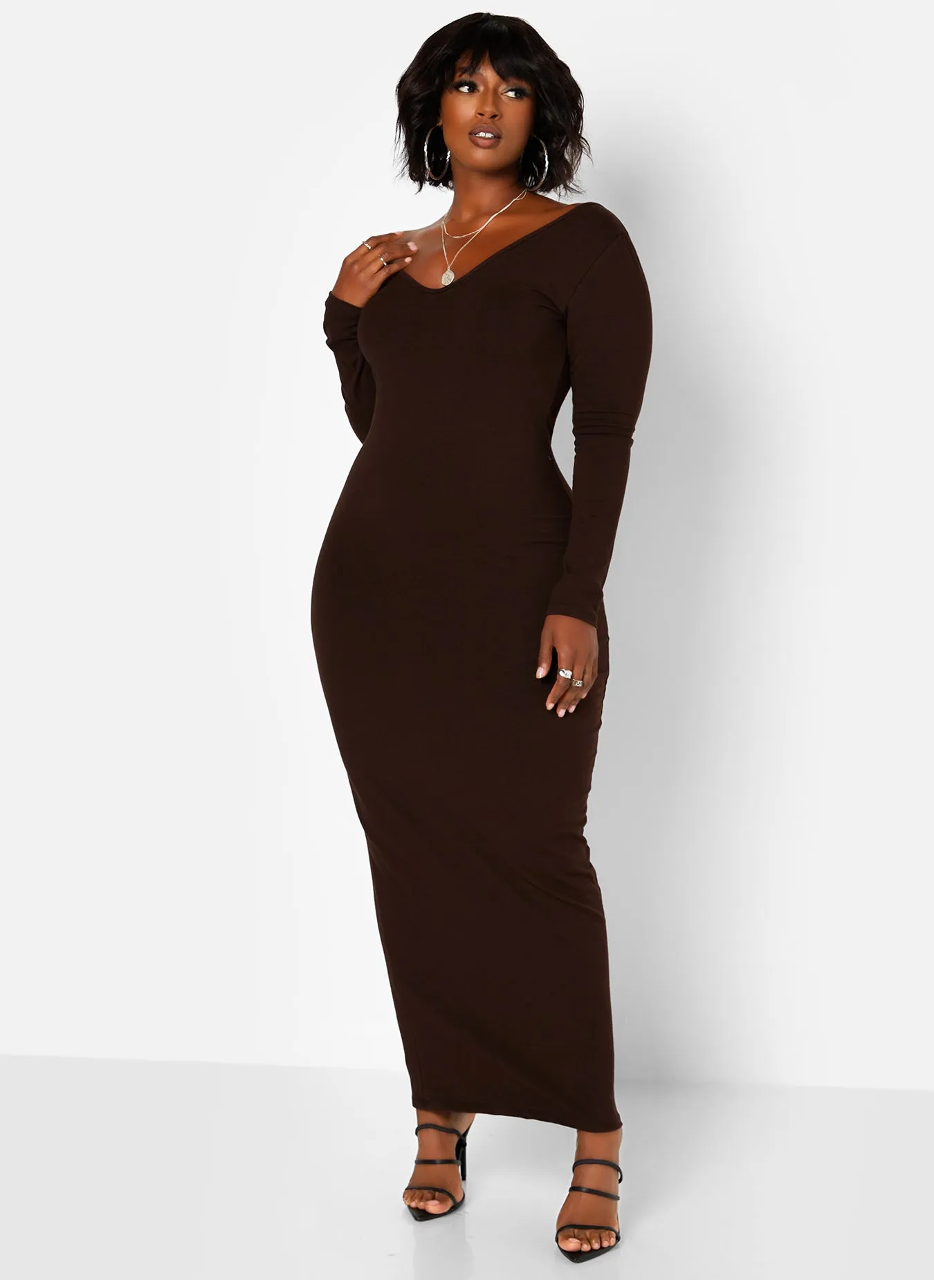 Essential Off The Shoulder Long Sleeve Maxi Bodycon Dress - Brown sold by Rebdolls product image thumbnail 3