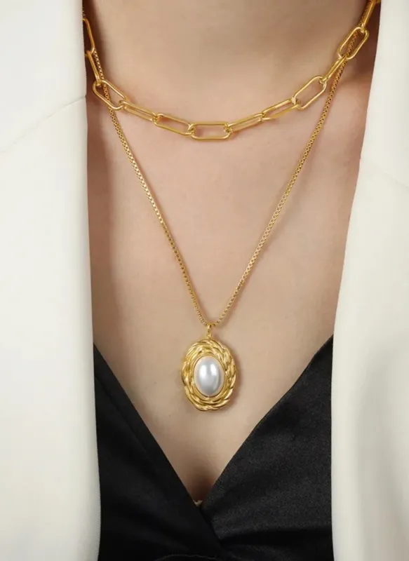 Inlaid Pearl Double-Layered Titanium Steel Necklace sold by Rebdolls