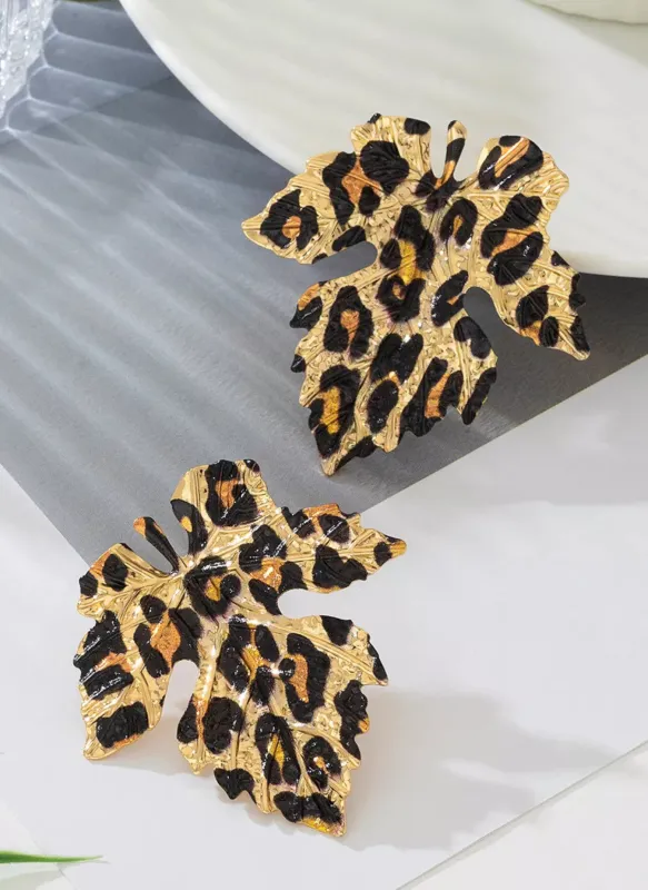 Alloy Leopard Print Leaf Earrings made by Trendsi