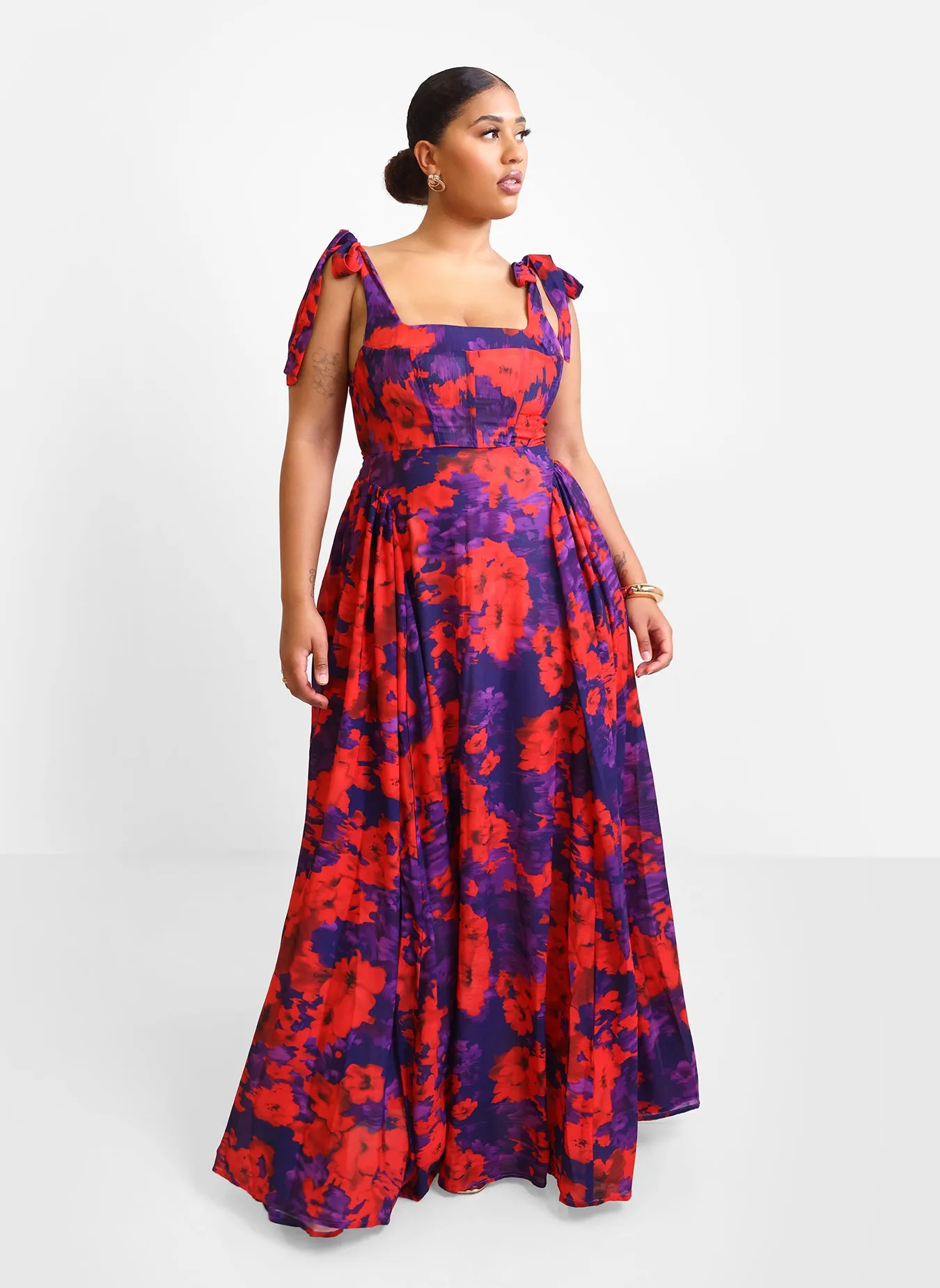 Adelina Floral Tie Strap Maxi Skater Dress sold by Rebdolls