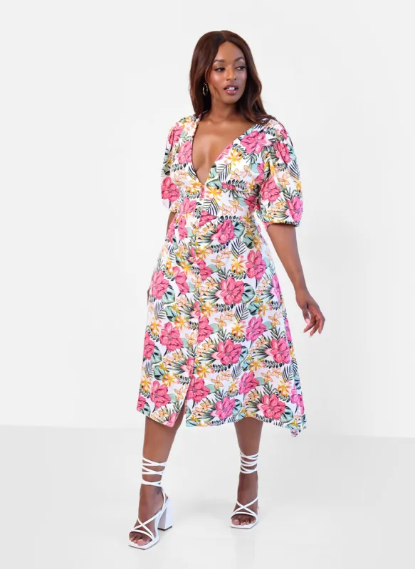 Elena Tropical Print A-Line Midi Dress sold by Rebdolls