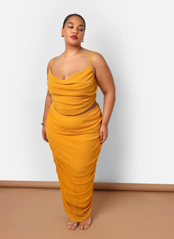 Bebe Ruched Glitter Mesh Maxi Bodycon Skirt sold by Rebdolls
