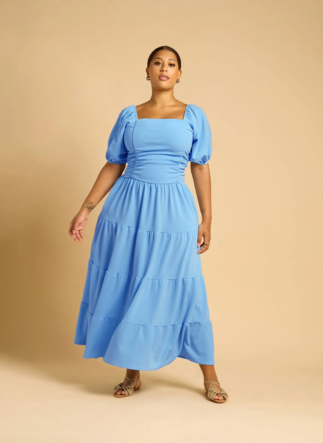 Lana Ruched Skater Tiered Maxi Dress - Blue sold by Rebdolls