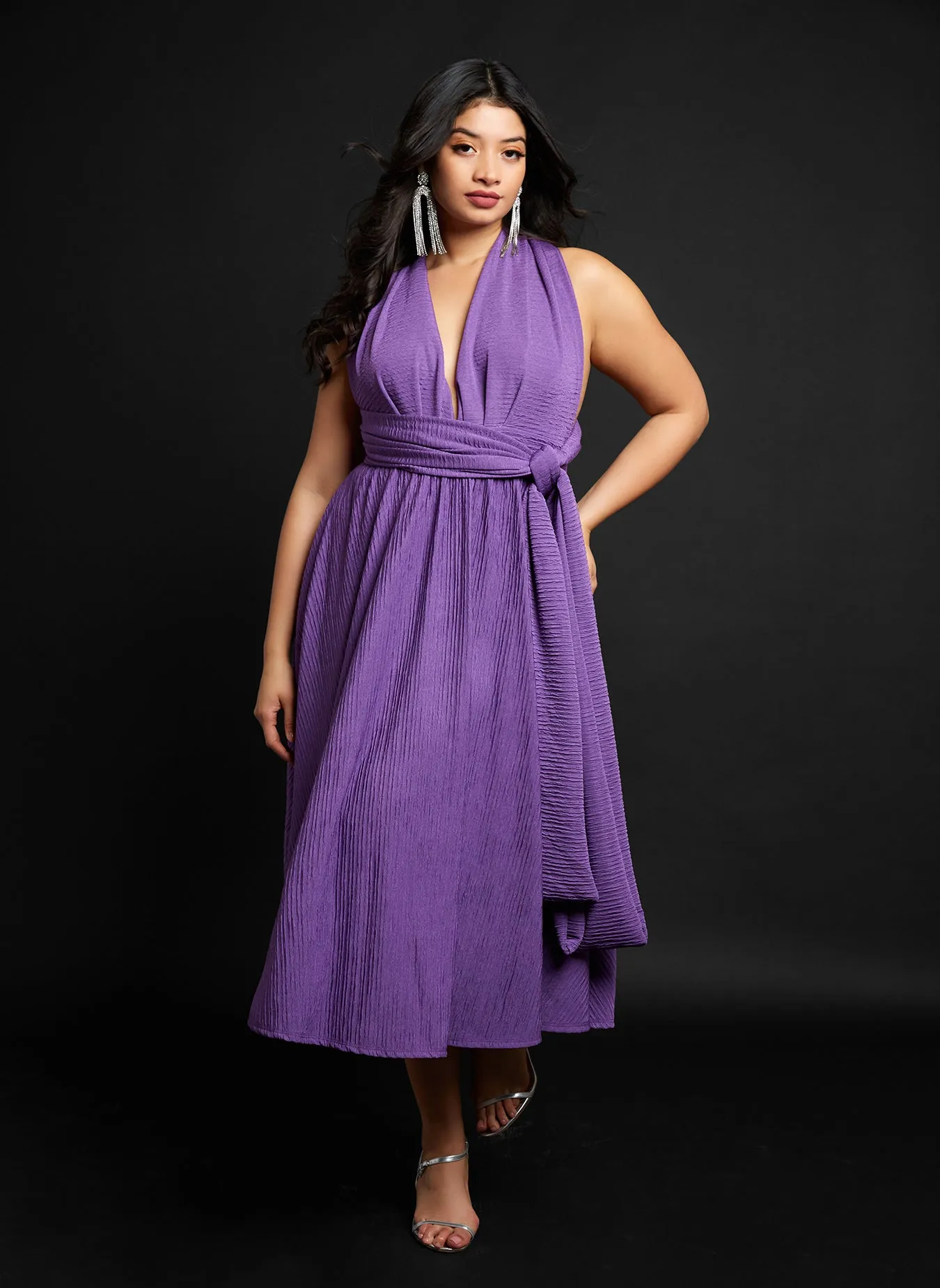 Capricorn Textured V Neck Midi A Line Dress - Violet sold by Rebdolls