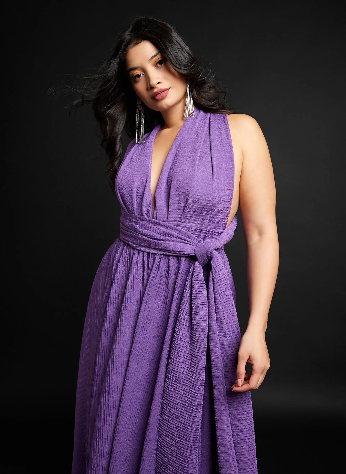 Capricorn Textured V Neck Midi A Line Dress - Violet sold by Rebdolls product image thumbnail 3