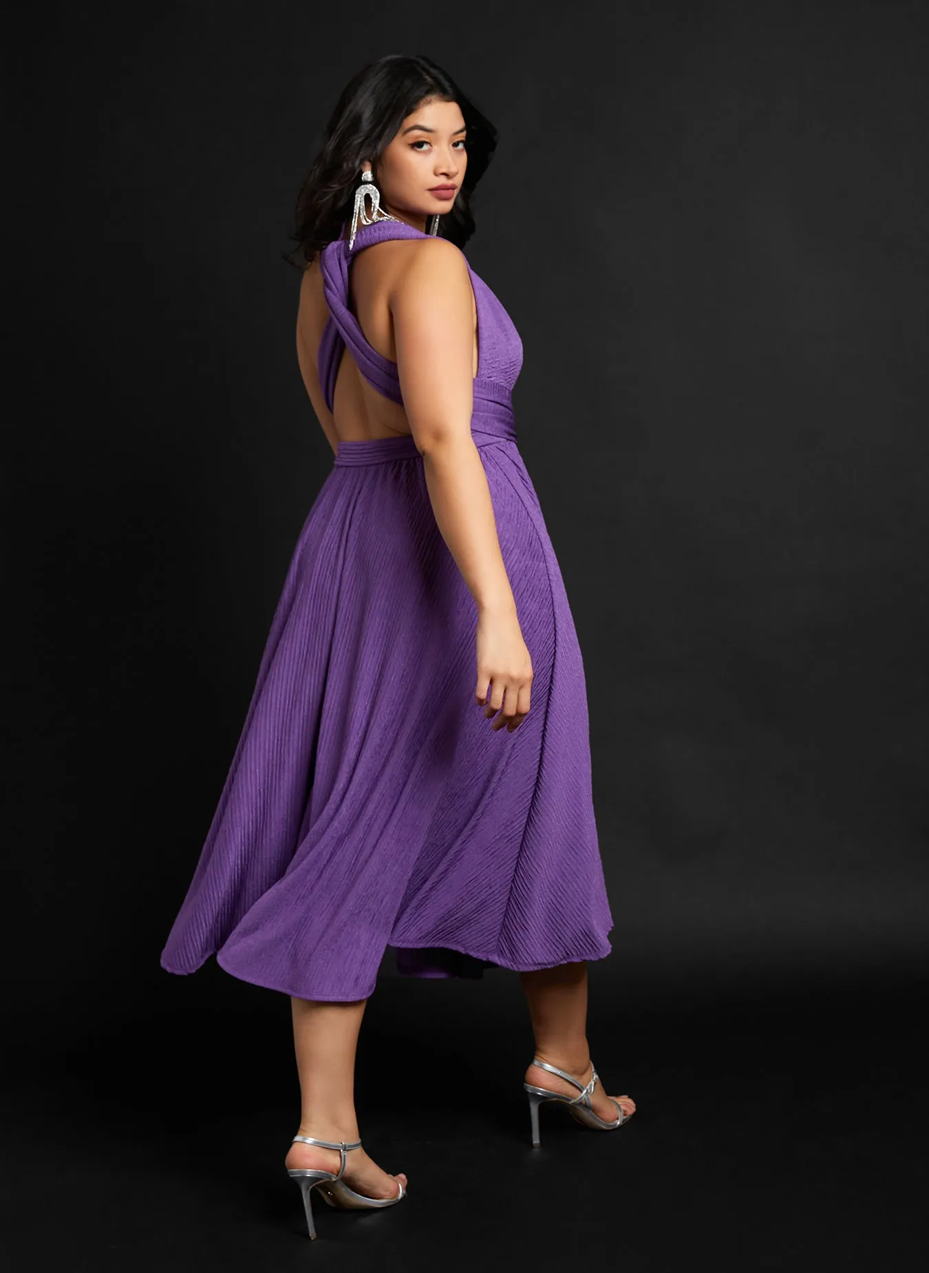Capricorn Textured V Neck Midi A Line Dress - Violet sold by Rebdolls product image thumbnail 4