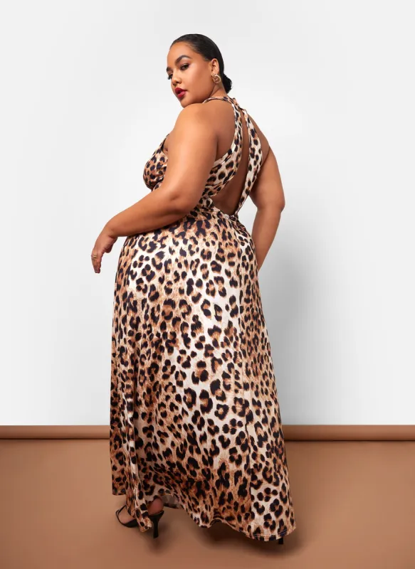 Yasmeen Leopard Open Back Maxi Slip Dress sold by Rebdolls
