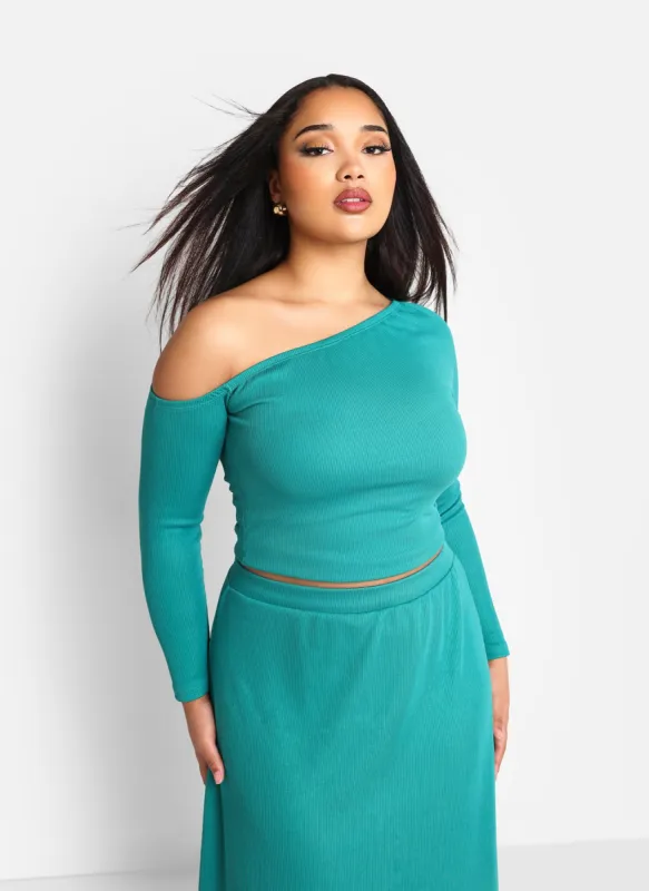 Olga Ribbed Off Shoulder Top - Teal sold by Rebdolls