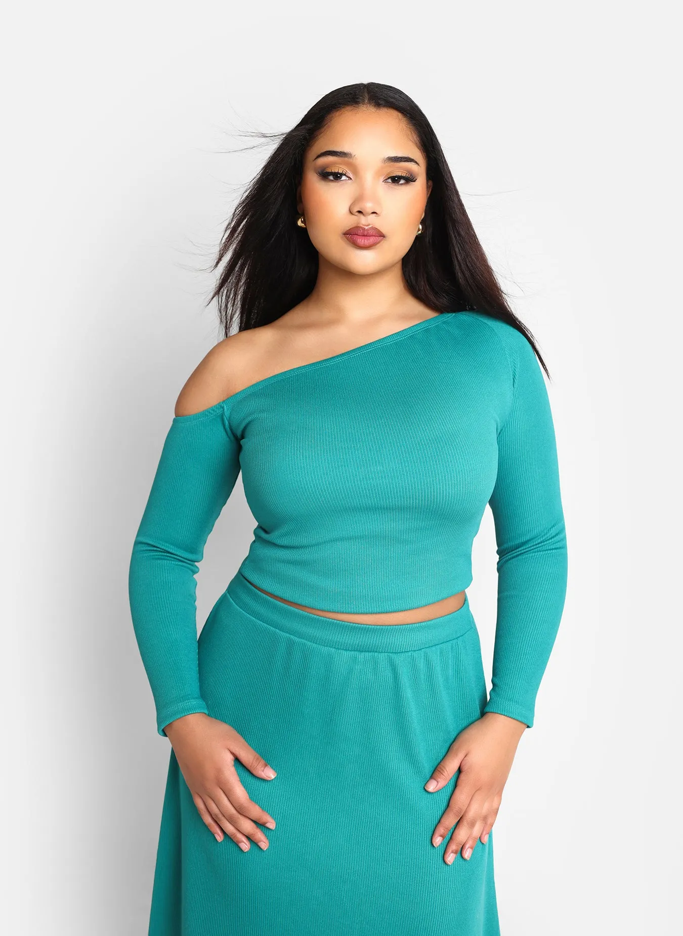 Olga Ribbed Off Shoulder Top - Teal sold by Rebdolls product image thumbnail 2