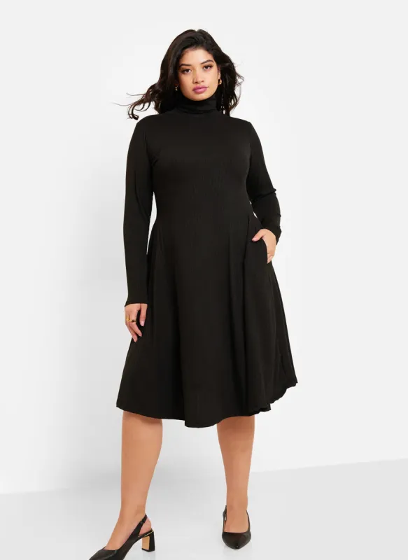 Essential Ribbed Turtleneck Midi Skater Dress W. Pockets sold by Rebdolls