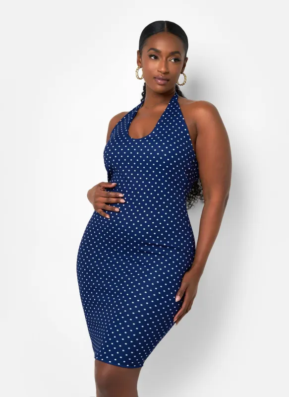 Holly Polka Dot Halter Midi Bodycon Dress - Navy & White sold by Rebdolls