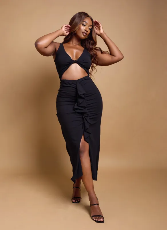 Luna Ruffed Cut Out Maxi Dress sold by Rebdolls