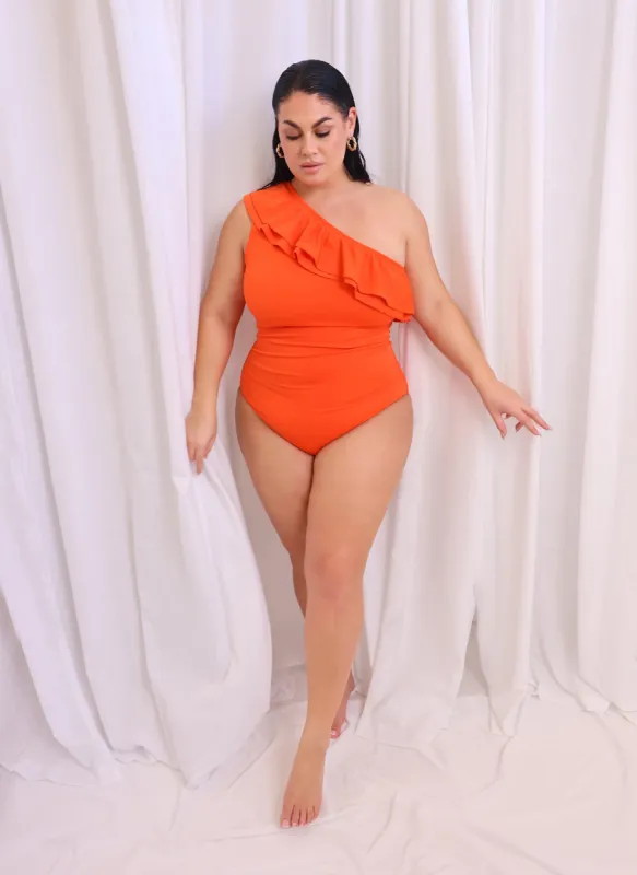 Catalina Ruffle One Shoulder Swimsuit - Persimmon sold by Rebdolls