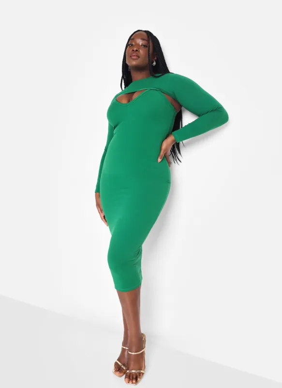 Sia Crepe Long Sleeve Overlay & Strappy Midi Bodycon Dress sold by Rebdolls
