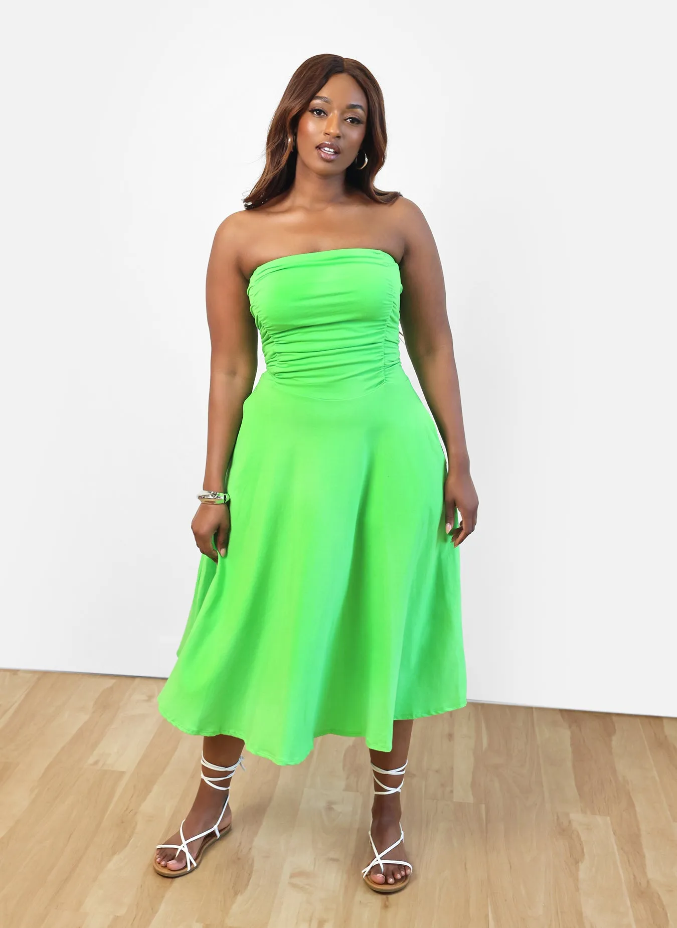 Mind On you Ruched Mini Skater Dress - Lime Green sold by Rebdolls product image thumbnail 2