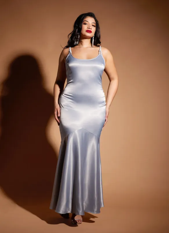 Aurelia Satin Mermaid Maxi Bodycon Dress - Platinum sold by Rebdolls