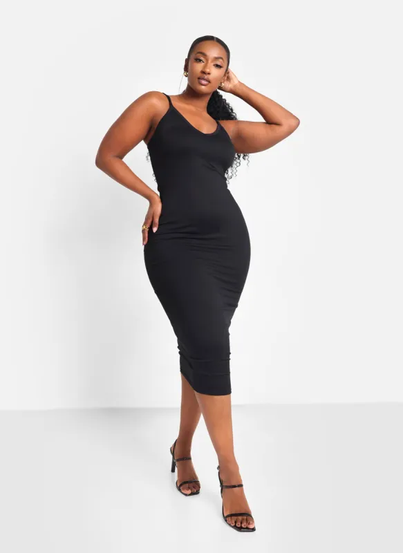 Essential V Neck Midi Bodycon Dress - Black sold by Rebdolls