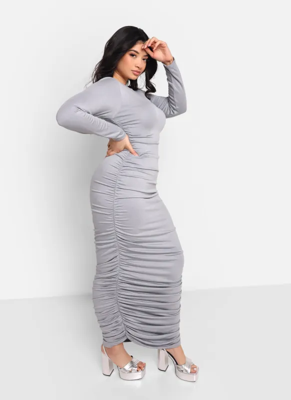 Jennifer Ruched Side Maxi Bodycon Dress - Gray sold by Rebdolls