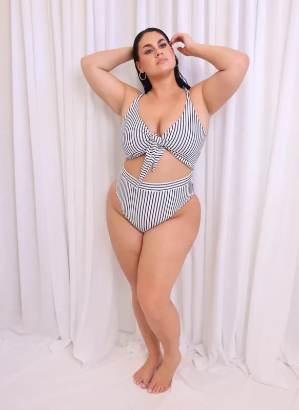 Sicily Stripe High Waist Swim Bottom - White & Navy sold by Rebdolls