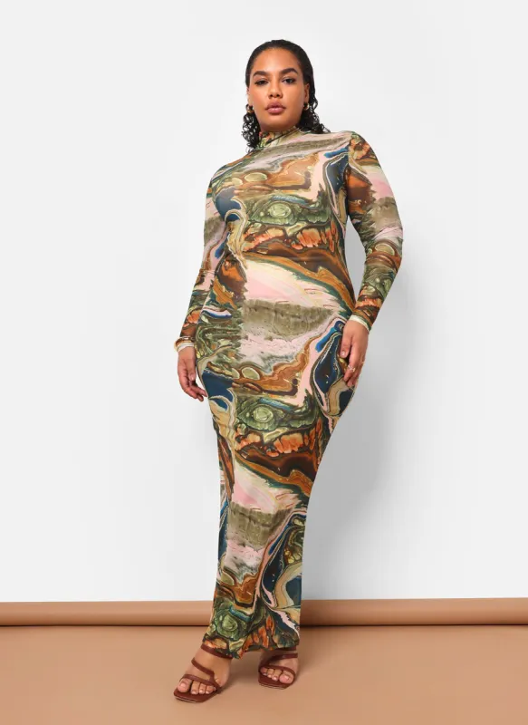 Bali Mesh Abstract Print Maxi Bodycon Dress sold by Rebdolls