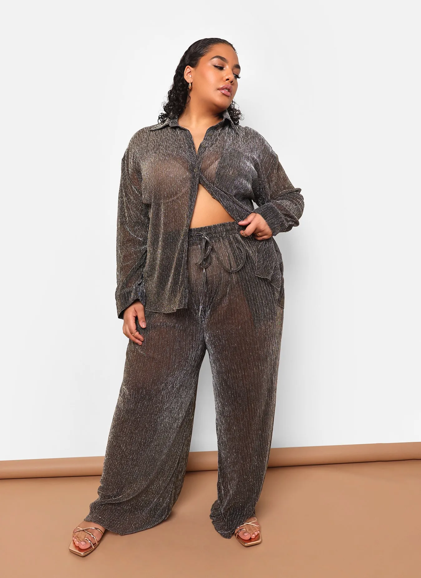 Fabian Sheer Metallic Plisse Wide Leg Pants W. Pockets sold by Rebdolls product image thumbnail 4