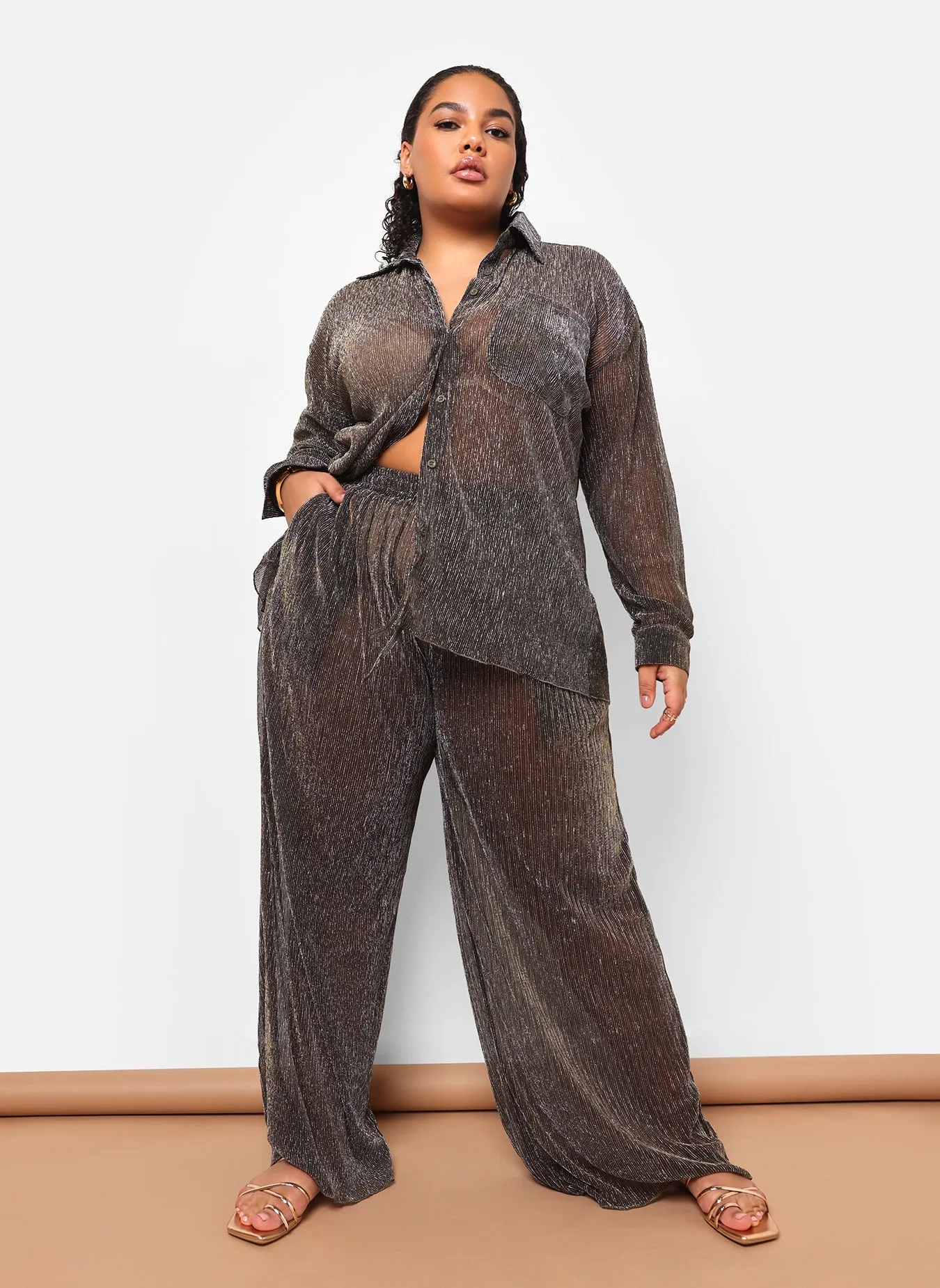 Fabian Sheer Metallic Plisse Wide Leg Pants W. Pockets sold by Rebdolls product image thumbnail 2