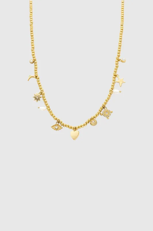 Celestial, Hearts, & Crystal Charm Beaded Necklace sold by Rebecca Minkoff